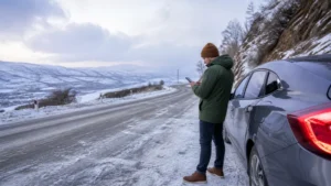 Traveller using a smartphone while using mobile internet from Yerevan to Tsaghkadzor