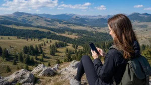 Traveller using a smartphone during mobile internet at zlatibor in Serbia.