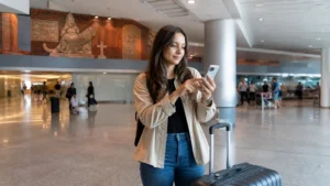 Traveller using airport connectivity for setting up an eSIM at Zvartnots Airport in Armenia
