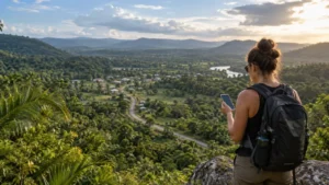 Traveller checking a smartphone above a forested inland route in Belize