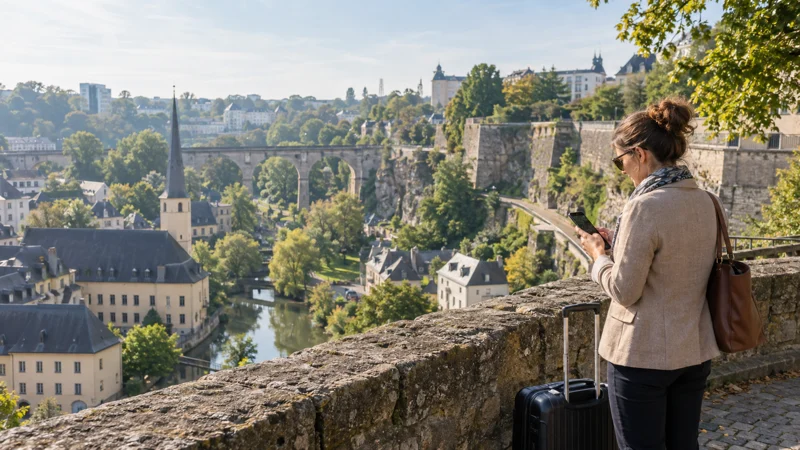 Traveller checking a smartphone above Luxembourg City