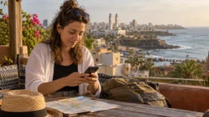 Traveller choosing an eSIM while overlooking the Dakar coast