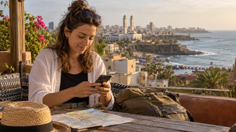 Traveller choosing an eSIM while overlooking the Dakar coast