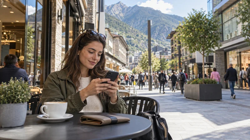Traveller using a smartphone at an outdoor café in central Andorra la Vella