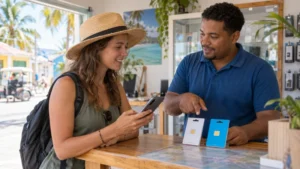 Traveller comparing SIM card options at a mobile shop in Belize