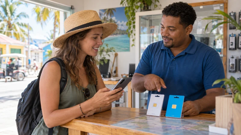 Traveller comparing SIM card options at a mobile shop in Belize