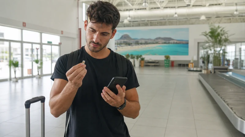 Traveller holding a SIM card in Cape Verde