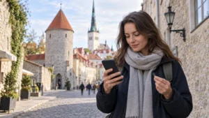 Traveller comparing SIM card options in Tallinn Old Town