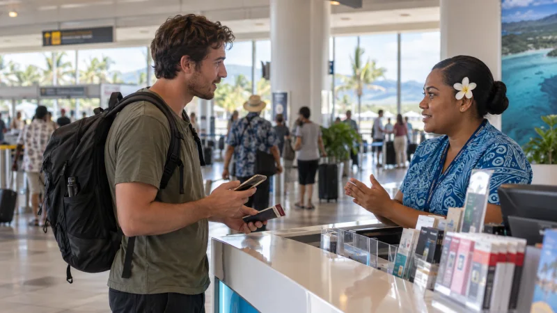 Traveller discussing a tourist SIM at an airport counter in Fiji