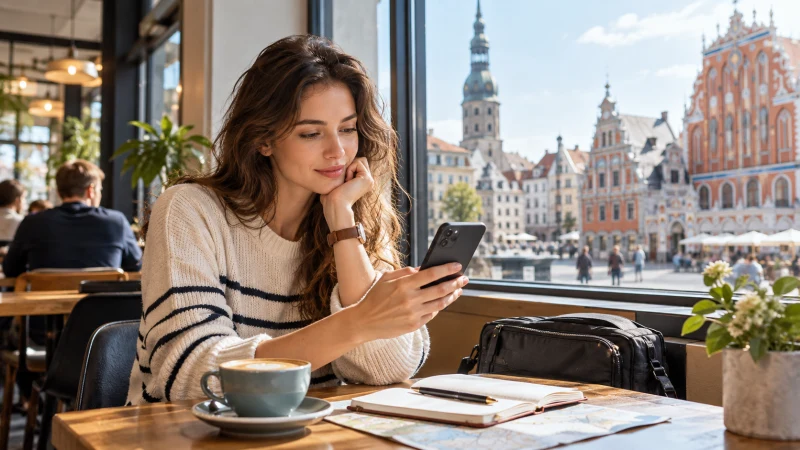 Traveller comparing mobile options on a smartphone in a Riga café