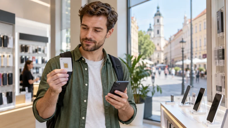 Traveller comparing a SIM card and smartphone in a Vilnius mobile shop