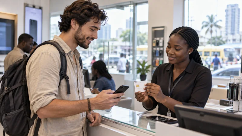 Traveller receiving a SIM card at a mobile service counter in Nigeria
