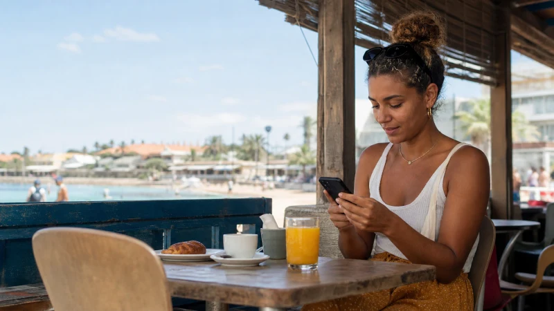 Traveller using mobile internet while exploring Cape Verde
