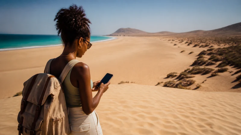Traveller using mobile internet on a Boa Vista beach