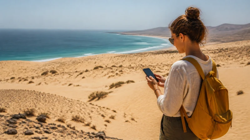 Traveller checking mobile coverage on Boa Vista, Cape Verde