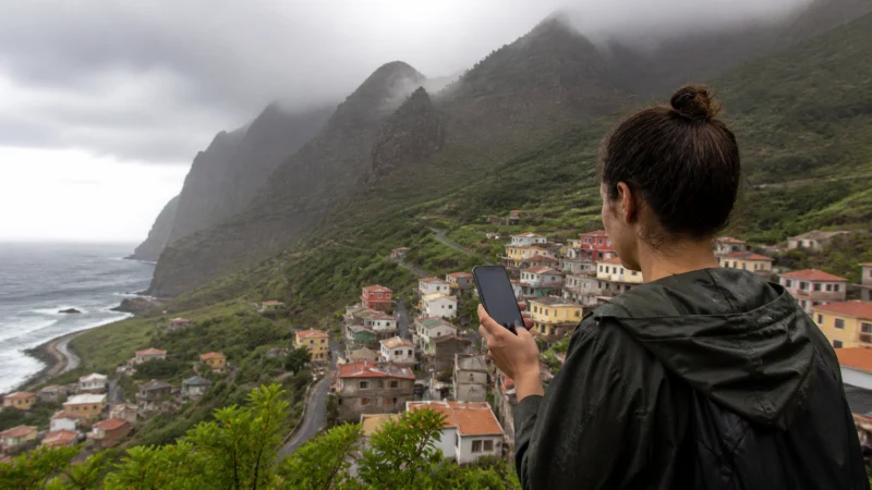 Traveller using mobile internet on Brava Island, Cape Verde