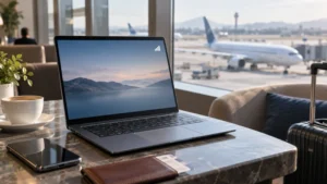 Cellular-capable laptop prepared for mobile internet at an airport