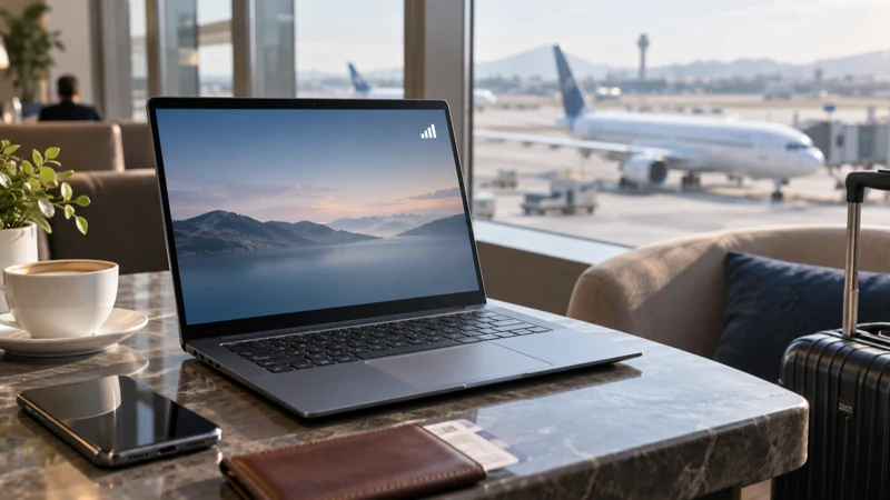 Cellular-capable laptop prepared for mobile internet at an airport