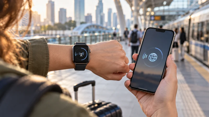 Traveller checking mobile connectivity on a smartwatch and smartphone