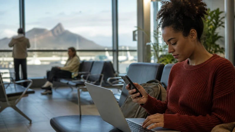 Traveller using airport WiFi securely in Cape Verde