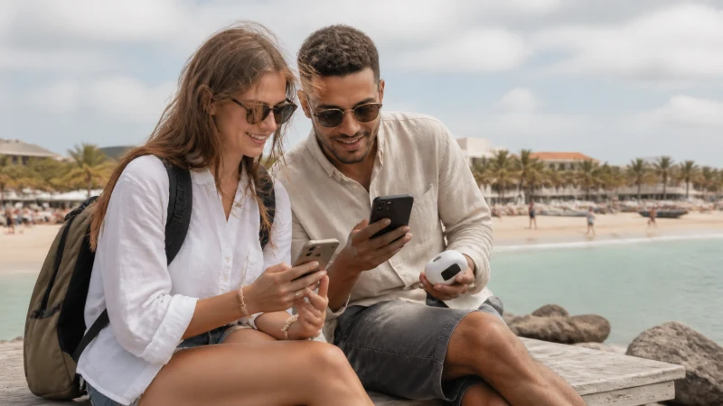 Traveller using portable WiFi and a smartphone in Cape Verde