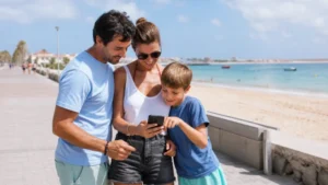 Family using mobile internet while travelling in Cape Verde