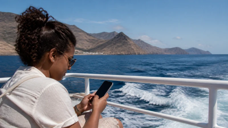 Traveller using mobile data aboard a Cape Verde ferry