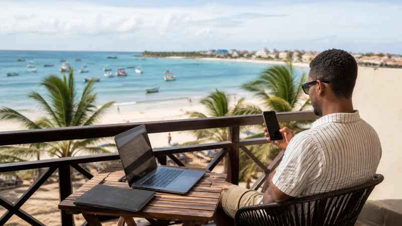 Traveller using mobile data while staying at a Cape Verde hotel