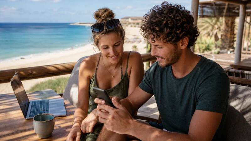 Traveller comparing resort WiFi with an eSIM in Cape Verde