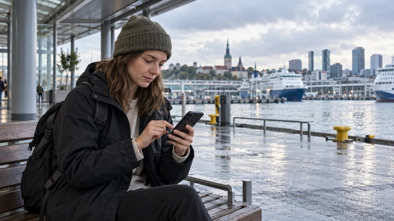 Traveller troubleshooting an eSIM connection beside Tallinn waterfront