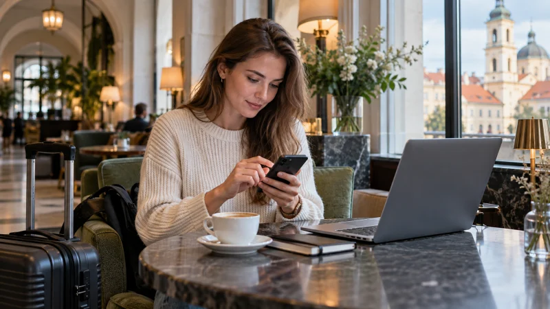 Traveller troubleshooting an eSIM connection in a Vilnius hotel lounge