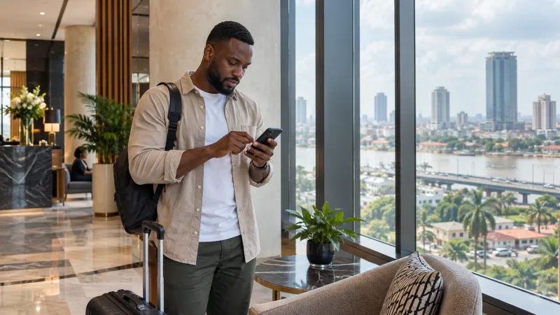 Traveller checking smartphone network settings in a Lagos hotel