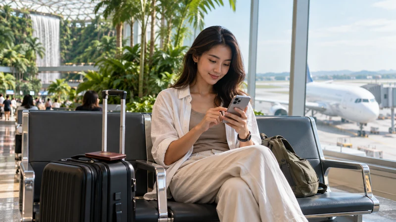 Traveller preparing mobile data for a Singapore to Bali flight