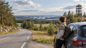 Traveller checking mobile coverage on a road through the Estonian countryside