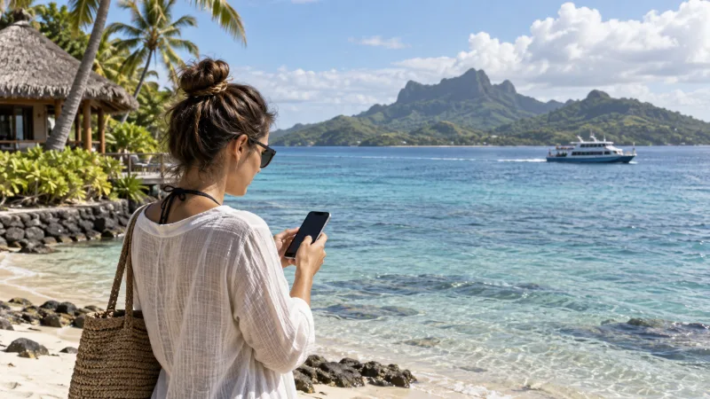 Traveller checking a smartphone beside the water at a Fiji island resort