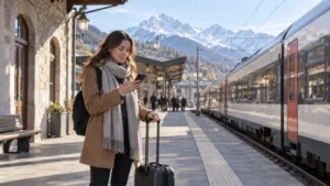 Rail traveller checking a smartphone at an Alpine station between France and Italy