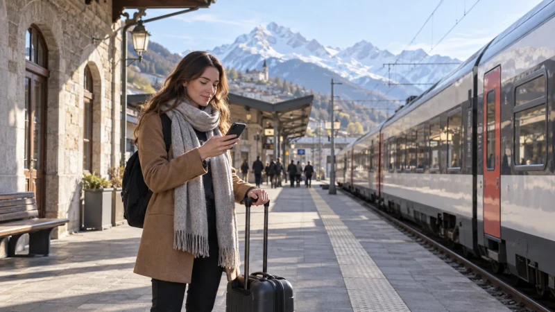 Rail traveller checking a smartphone at an Alpine station between France and Italy