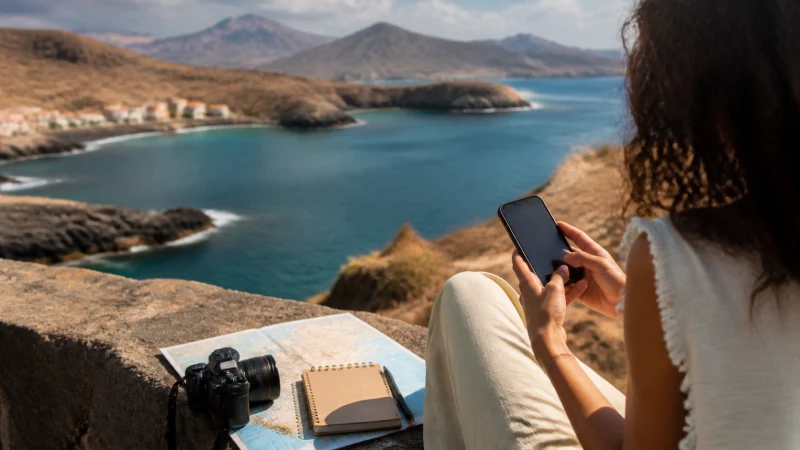 Traveller checking mobile data usage in Cape Verde