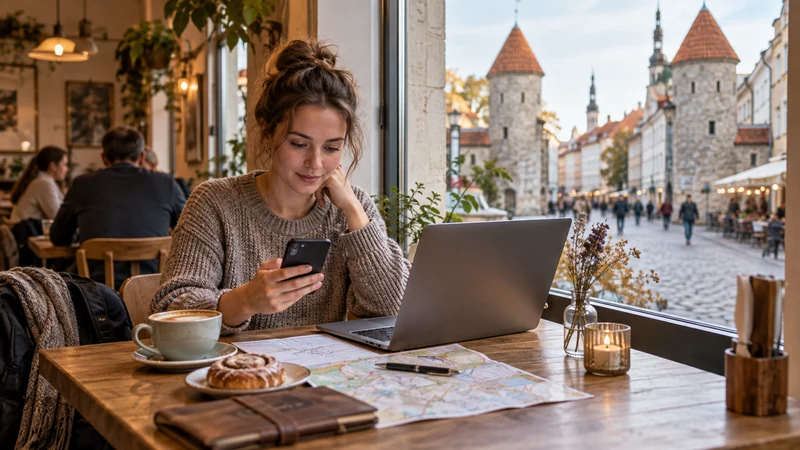 Traveller planning mobile data use at a café in Tallinn