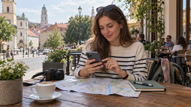 Traveller checking mobile data use at an outdoor cafe in Vilnius