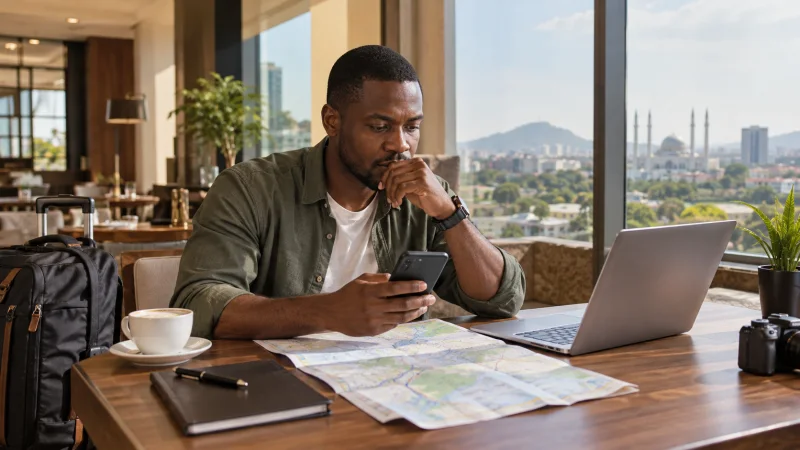 Traveller planning mobile data use with a phone and laptop in Abuja