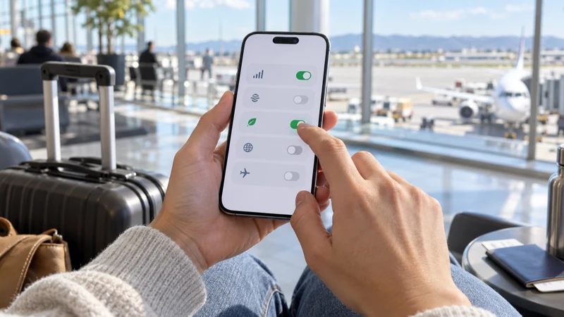 Traveller adjusting mobile data settings on a smartphone at an airport