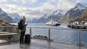 Traveller using a smartphone beside a Nordic fjord ferry