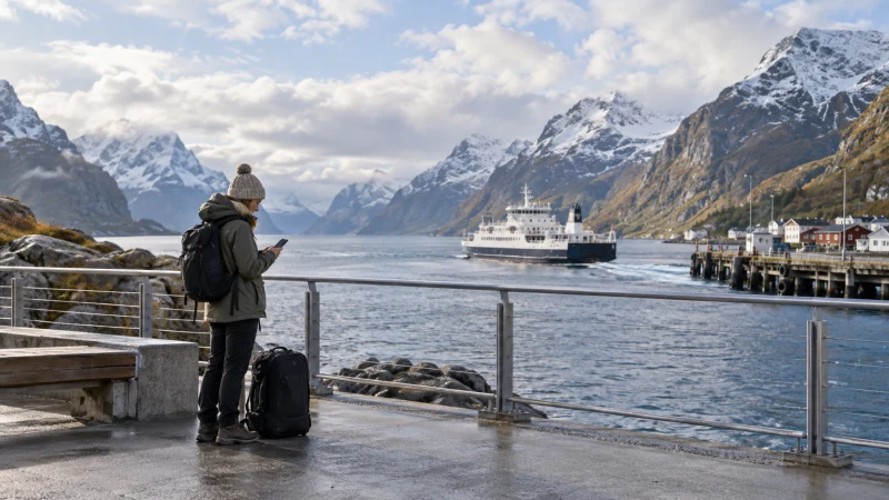 Traveller using a smartphone beside a Nordic fjord ferry