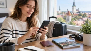 Traveller installing an Estonia eSIM before a trip to Tallinn