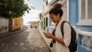 Traveller using a smartphone in Cape Verde