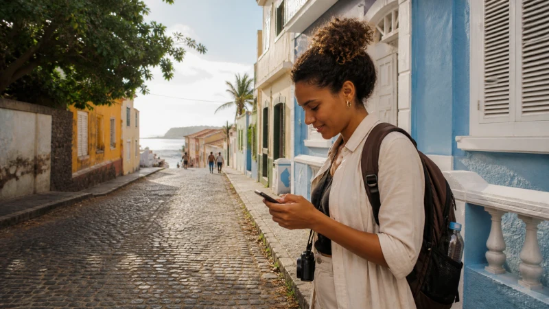 Traveller using a smartphone in Cape Verde