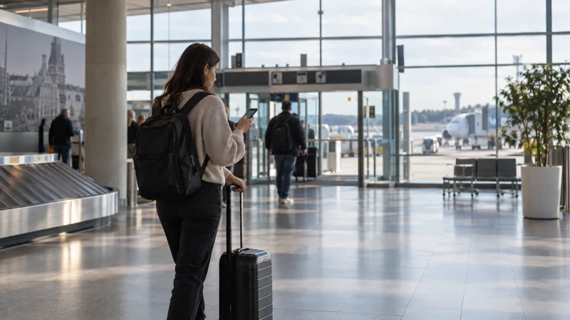 Arriving traveller using a smartphone inside Kaunas Airport in Lithuania
