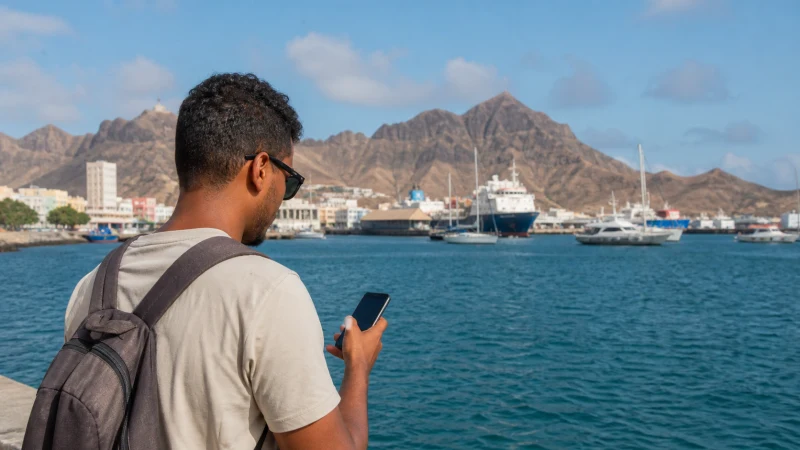 Traveller using mobile internet in Mindelo, Cape Verde