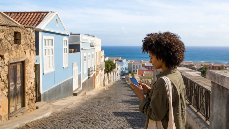 Traveller using mobile internet in Praia, Cape Verde